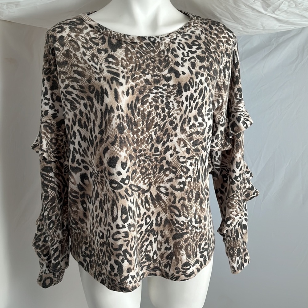 Ariella multicolor leopard print long ruffle sleeve soft knit top